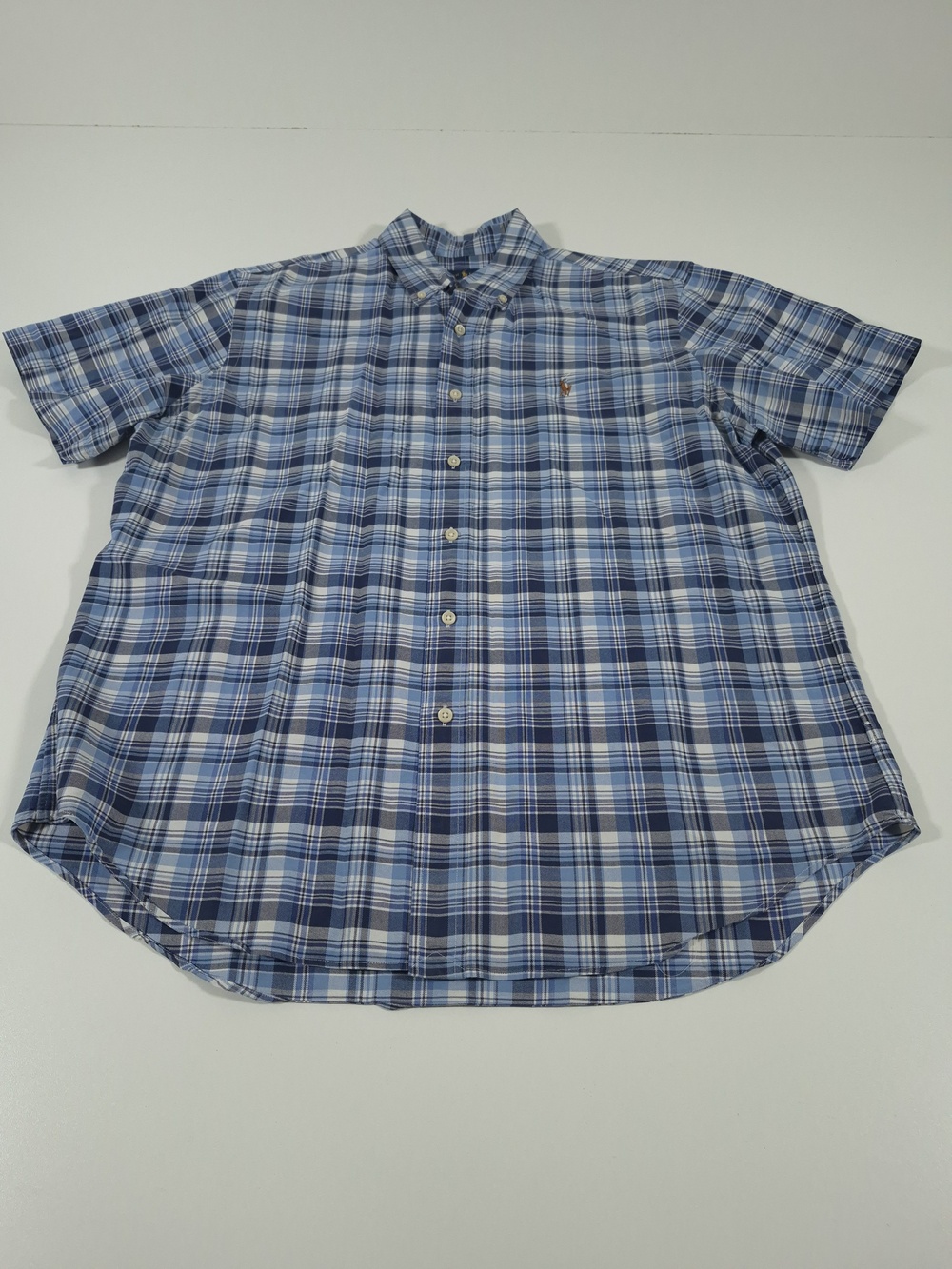 Ralph Lauren Shirt Mens L Blue Plaid Short Sleeve Button Down Flesh Pony Cotton